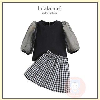 Laa6- เสื้อเชิ้ตแขนยาว ผ้าตาข่าย และกระโปรง ทรงเอ ลายสก๊อต สําหรับเด็กผู้หญิง 2 ชิ้น