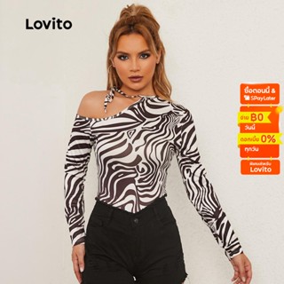  【พร้อมส่ง】Lovito เสื้อยืด แบบทับไขว้ ลายทาง ม้าลาย สไตล์ลำลอง L20D1323 (สีดำ)