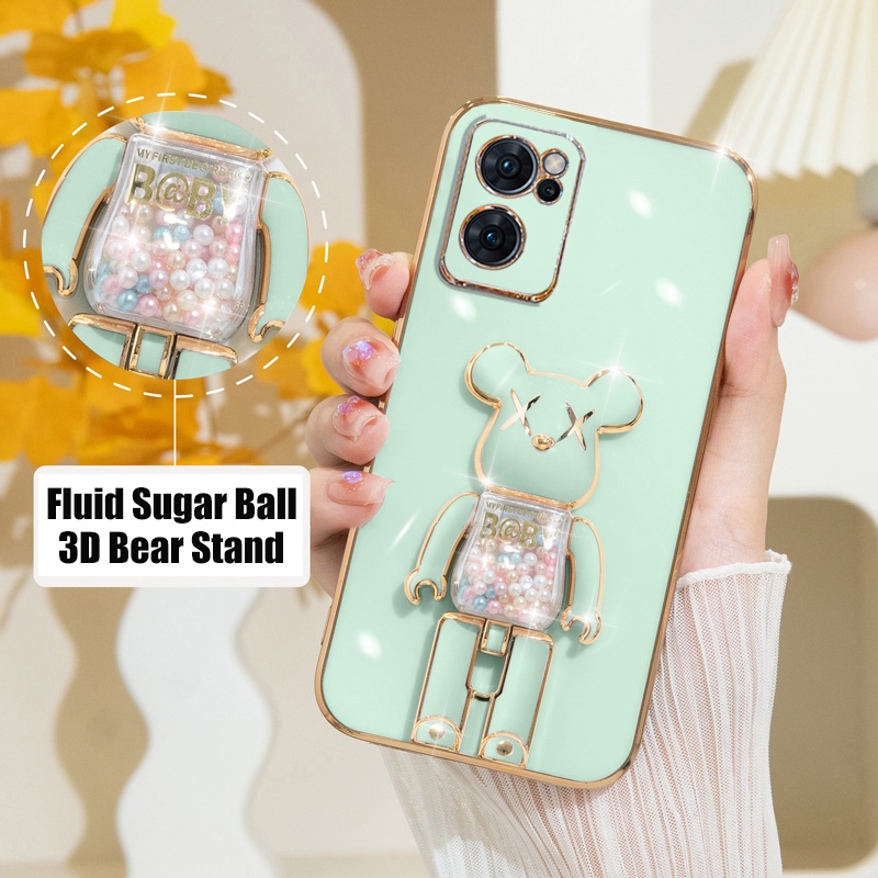 3D Fluid Ball Violence Bear Stand Luxury Square Edge Plating Casing Realme C55 C30S GT NEO 3 10 Pro 