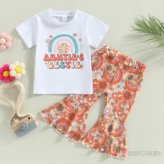 Babygarden-6m-4y ชุดเสื้อแขนสั้น คอกลม พิมพ์ลายตัวอักษร และกางเกงขาบาน ลายดอกไม้ แฟชั่นฤดูร้อน สําหรับเด็กผู้หญิง