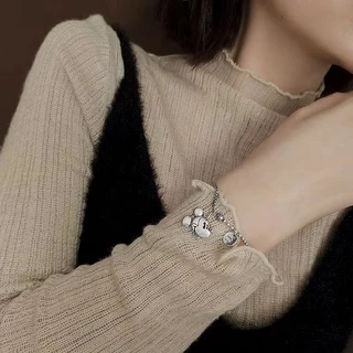 S925 Mickey Mouse Female Retro Old European and American Student Mouse Head Bracelet Cartoon Asymmetric Korean Fashion Hip Hop Trendy Jewelry