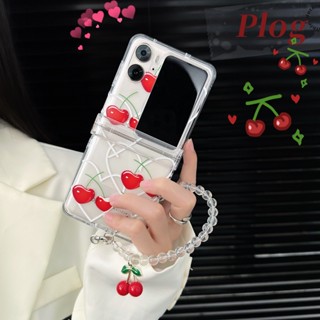 เคสโทรศัพท์มือถือ PC แข็ง แบบใส กันกระแทก ลายเชอร์รี่ พร้อมสายโซ่คริสตัล สําหรับ Oppo Find N2 Flip Case 3in1