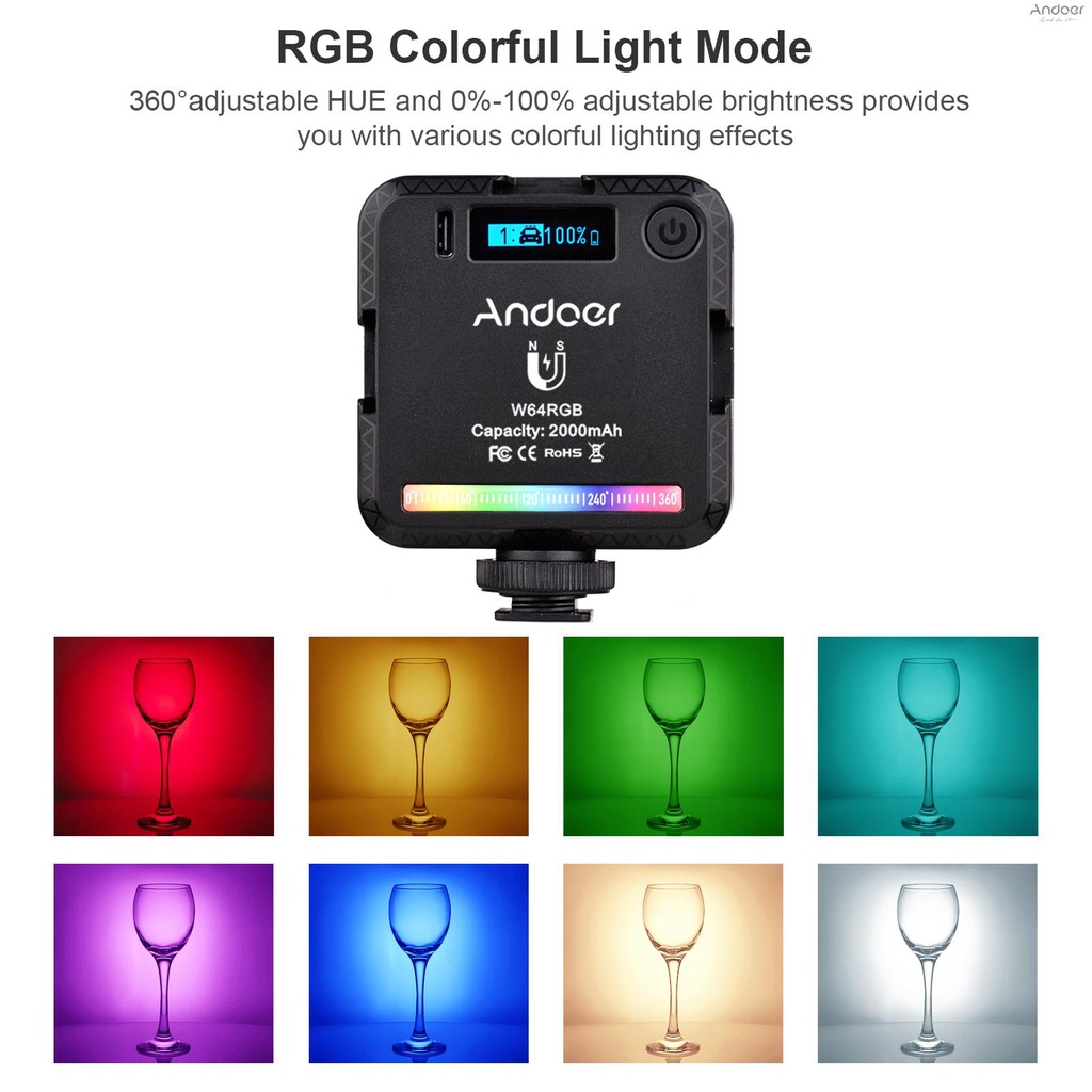 Andoer W64RGB โคมไฟ RGB 2500K-9000K หรี่แสงได้ 20 เอฟเฟค สําหรับประชุมออนไลน์ ไลฟ์สด คอมพิวเตอร์ แท็บเล็ต