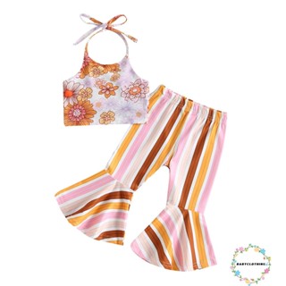 Babyclothes- ชุดเสื้อแขนกุด คอแขวน พิมพ์ลายดอกไม้ และกางเกงขายาว ลายทาง สําหรับเด็ก