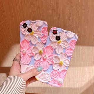 เคสโทรศัพท์มือถือ TPU กันกระแทก ลายภาพวาดสีน้ํามัน รูปคลื่น ดอกไม้ สีชมพู สําหรับ Apple IPhone 14 13 12 11 Pro Max