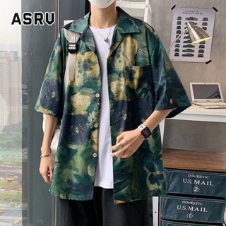 ASRV เสื้อเชิ้ตผู้ชาย 2022ins ภาพวาดสีน้ำมันย้อนยุคการพิมพ์เสื้อเชิ้ตแขนสั้นผู้ชายอินเทรนด์แบรนด์หลวม BF แจ็คเก็ตลำลองขี้เกียจ