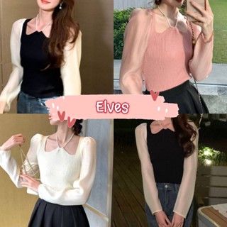 Elves✨พร้อมส่ง✨ เสื้อไหมพรมแขนยาว แขนชีฟอง ดีเทลคล้องคอสายมุกน่ารัก ~5793~ -C