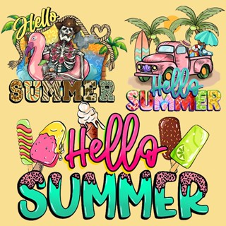 แผ่นสติกเกอร์ไวนิล ลาย Iron on Patches Hello Summer สไตล์เรโทร สําหรับติดตกแต่งเสื้อผ้า DIY