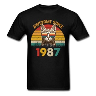 Awesome Since 1987 เสื้อยืดลําลอง ผ้าฝ้าย แขนสั้น ระบายอากาศ พิมพ์ลายแมวตลกน่ารัก