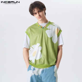 Incerun เสื้อกั๊กลําลอง ผ้าถัก ลายดอกไม้