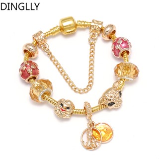 Dinglly สีทอง สิงโต และพระอาทิตย์ตก สร้อยข้อมือ สําหรับผู้หญิง Diy คริสตัล อัลลอย ลูกปัด เสน่ห์ สร้อยข้อมือ