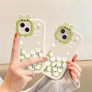 เคสโทรศัพท์มือถือ TPU ใส ประดับโบว์ ดอกทิวลิป 3D สีเขียว สไตล์เกาหลี สําหรับ VIVO Y02 Y15S Y16 4G Y17 Y15 Y12 Y11 Y19 Y5S Y20 Y20i Y12S Y22S Y50 Y30 Y30i