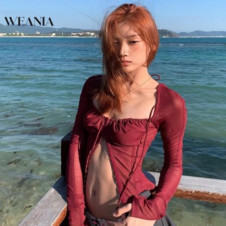 Weania เสื้อเบลาส์ แขนยาว ผ้าตาข่าย เย็บปะติดปะต่อกัน ออกแบบใหม่ สําหรับผู้หญิง