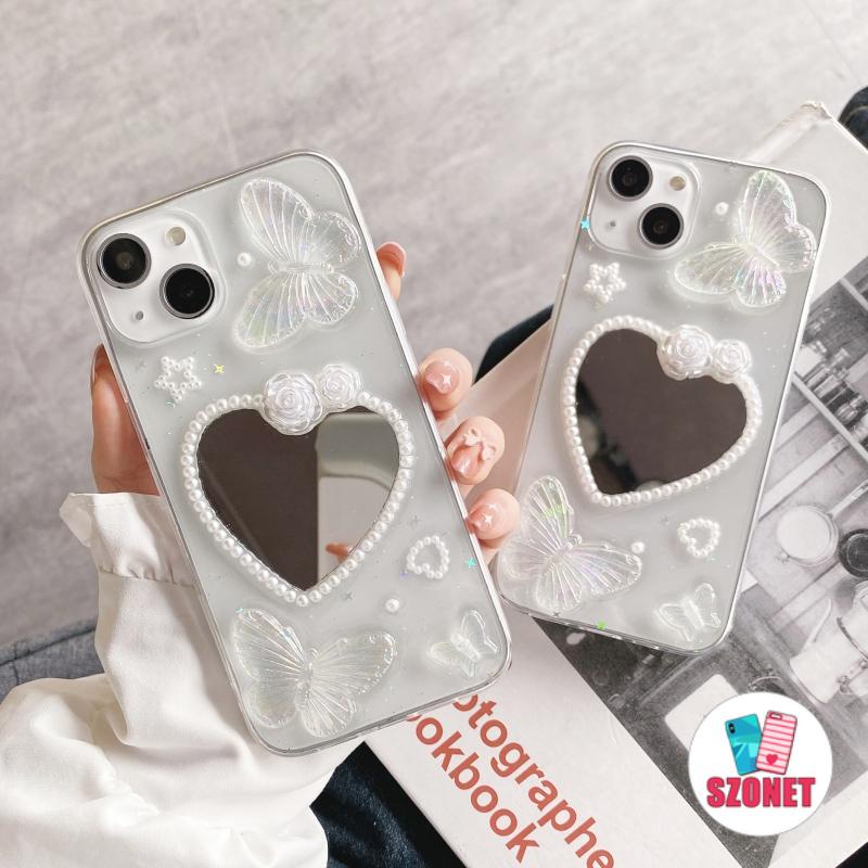 เคสโทรศัพท์มือถืออีพ็อกซี่ใส แบบนิ่ม ลายผีเสื้อ และหัวใจ 3D กันกระแทก สําหรับ iPhone 15 14 13 12 11 Pro Max 14 Plus
