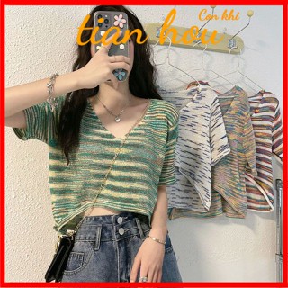 เสื้อยืดแขนสั้น คอวี ผ้าเรยอน แบบถัก ลายทาง เอวสูง แฟชั่นฤดูร้อน สําหรับผู้หญิง 78VY