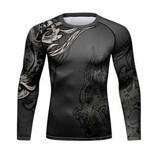 ใหม่ เสื้อยืด แขนยาว พิมพ์ลายมังกร 3 มิติ MMA Grappling BJJ Jiu Jitsu Rashguard สีเทาเข้ม สําหรับผู้ชาย