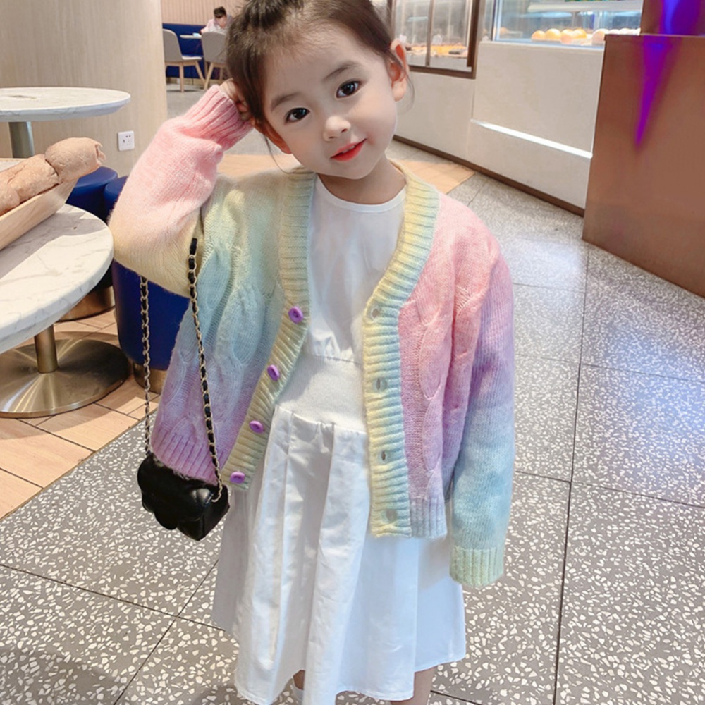 เสื้อคาร์ดิแกนกันหนาว คอวี ผ้าถัก สีรุ้ง สําหรับเด็กผู้หญิง อายุ 2-9 ปี
