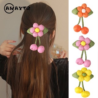 Awaytr กิ๊บติดผม ผ้าฝ้าย ฤดูใบไม้ผลิ ใบไม้สีเขียว และดอกไม้ ขนาดเล็ก เครื่องประดับผม แฟชั่นใหม่ สําหรับผู้หญิง