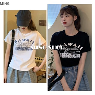 Ming American Retro เสื้อยืดลําลอง คอกลม แขนสั้น พิมพ์ลาย เหมาะกับฤดูร้อน สําหรับสตรี TH