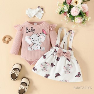 Babygarden-0-18 เดือน ชุดรอมเปอร์ แขนยาว พิมพ์ลายช้าง ผีเสื้อ + กระโปรงแขวน + ที่คาดผม สําหรับเด็กผู้หญิง