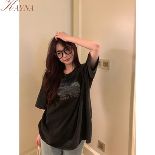 KAYNA    เสื้อยืดแขนสั้นคอกลมสไตล์อเมริกันย้อนยุคหลวมสบาย ๆ สำหรับผู้หญิง