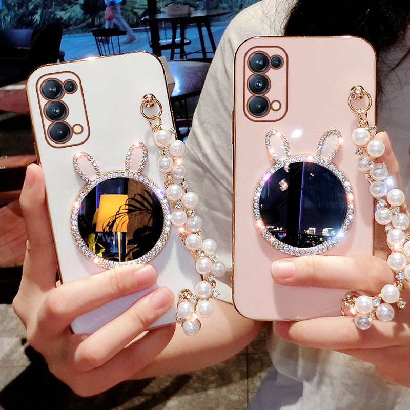 เคสโทรศัพท์มือถือ แบบนิ่ม ลายกระต่าย มันวาว มีกระจก สําหรับ Samsung S23 S22 Ultra S21 Plus S21fe S20fe S23fe