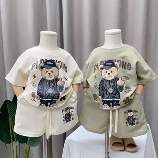 ชุดเสื้อแขนสั้น พิมพ์ลายการ์ตูนวาฟเฟิล แฟชั่นฤดูร้อน สําหรับเด็กผู้ชาย