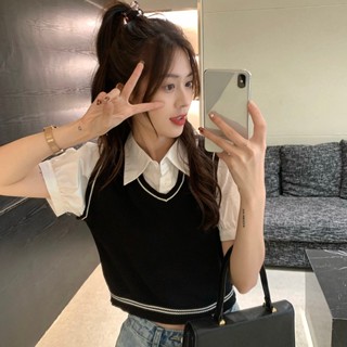 Suxi เสื้อเชิ้ต คอโปโล ผ้าถัก สไตล์วินเทจ แฟชั่นฤดูร้อน สําหรับผู้หญิง
