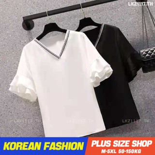 Plus size เสื้อผ้าสาวอวบ❤ เสื้อยืดสาวอวบอ้วน ไซส์ใหญ่ ผู้หญิง ทรงหลวม แขนสั้น คอวี สีขาว ฤดูร้อน สไตล์เกาหลีแฟชั่น