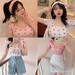 🌸พร้อมส่ง🌸หวานเย็นเซ็กซี่คอสแควร์สั้นเสื้อยืดผู้หญิง Y2K ร้อยพอดีบางโชว์ผอม Bottom แนวโน้มนักเรียนหญิง SF4CZ017