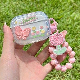 เคสหูฟังบลูทูธ แบบใส ลายดอกทิวลิป ผีเสื้อ พร้อมสายคล้อง สําหรับ AirPods 3 Pro 2 1 2