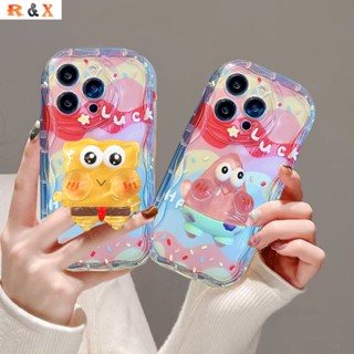 เคสโทรศัพท์มือถือ แบบใส ลาย SpongeBob Patrick Star ขอบหยัก สีรุ้ง พร้อมขาตั้ง สําหรับ OPPO A57 A17k A17 A78 A16 A12 A5s A15 A77S A16K A55 A95 A96 A74 A54 A7 A53 A3s A31 A52 A92 F11 F9 Reno8T