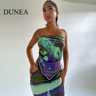 Dunea ชุดเสื้อสายเดี่ยว และกระโปรงซีทรู พิมพ์ลาย เซ็กซี่ สําหรับผู้หญิง