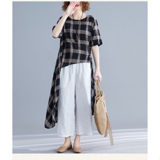 Kc 5118 เสื้อเชิ้ตยาว ผ้าฝ้าย ผ้าลินิน ลายสก็อต ทรงหลวม ขนาดใหญ่