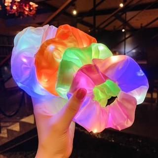 ยางรัดผม แบบยืดหยุ่น พร้อมไฟ LED เรืองแสง สีพื้น เครื่องประดับ สําหรับเด็กผู้หญิง