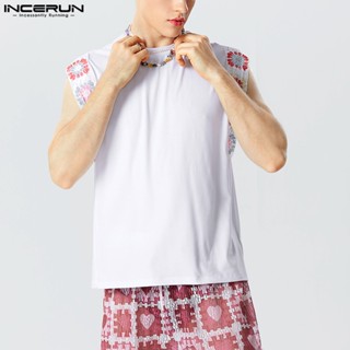 Incerun เสื้อกล้ามลําลอง พิมพ์ลายดอกไม้ สีพื้น