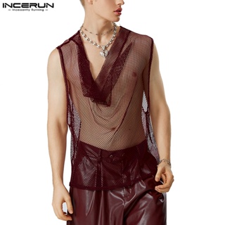 Incerun เสื้อกล้ามซีทรู แขนกุด ผ้าตาข่าย สไตล์วินเทจ สําหรับผู้ชาย