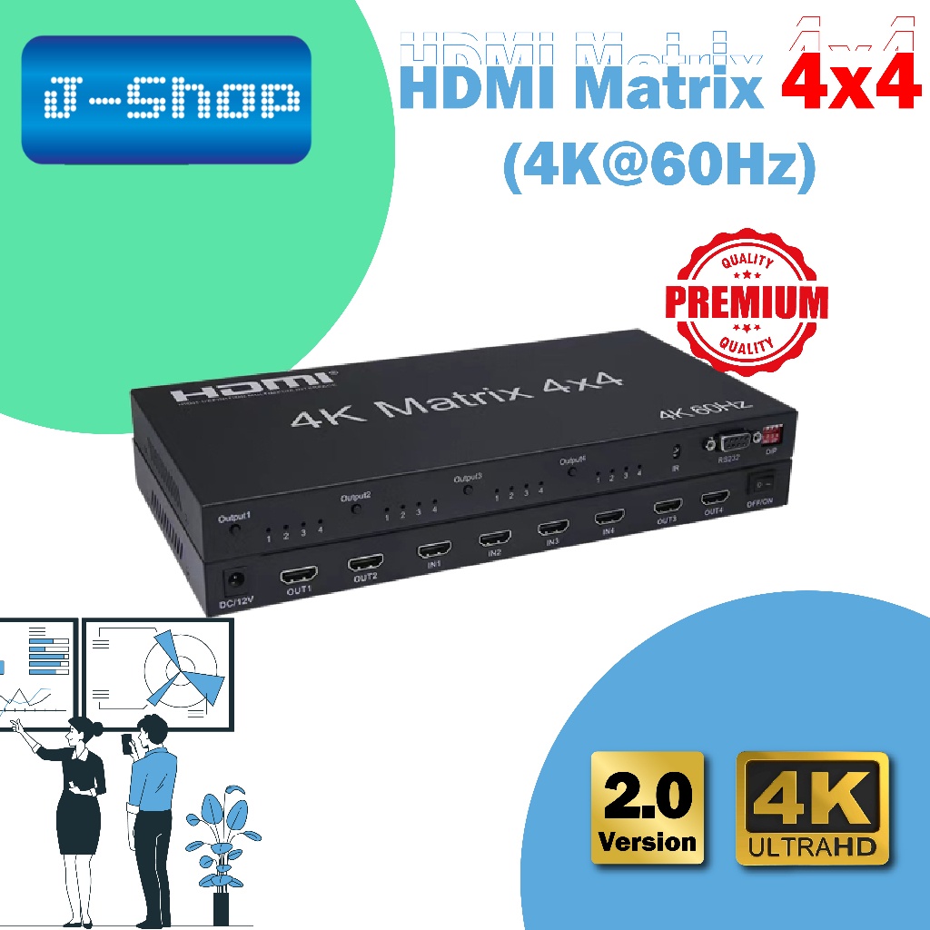 COMMERCIAL USE 2.0V HDMI MATRIX 4X4 (4K/60Hz) (4 in 4 out) SWITCHER + SPLITTER w/ IR Remote Control 
