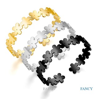 Fancy สร้อยข้อมือเหล็กไทเทเนียม ลายดอกไม้ เปิดปรับได้ เรียบง่าย สําหรับผู้หญิง