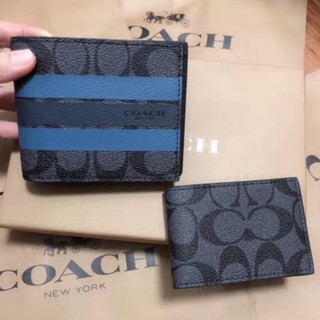 3-IN-1 WALLET F55485 กระเป๋าสตางค์ผู้ชาย แท้ COAC H แฟชั่น ซองใส่บัตรแบบพับได้ ซองใส่บัตร บล็อคสีลายทาง