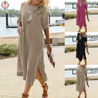 Women Summer Crew Neck Cotton Linen Maxi Dress Casual Baggy Tunic Loose Sundress