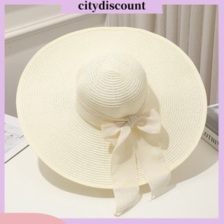 &lt;citydiscount&gt; หมวกฟางสาน ประดับโบว์ ทรงกลม พับได้ สีพื้น สําหรับผู้หญิง