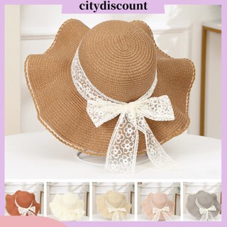 &lt;citydiscount&gt; หมวกฟางสาน ปักลายดอกไม้ ประดับริบบิ้นโบว์ ทรงกลม ขนาดใหญ่ แฟชั่นสําหรับผู้หญิง