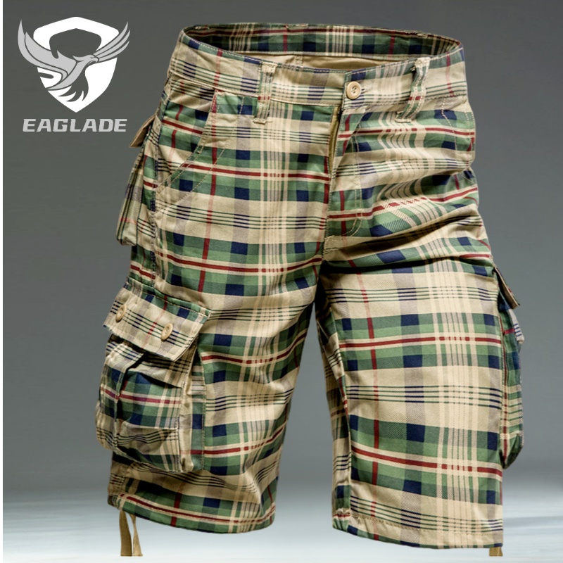 Eaglade กางเกงคาร์โก้ ขาสั้น ลําลอง ลายตาราง สําหรับผู้ชาย สีกากี