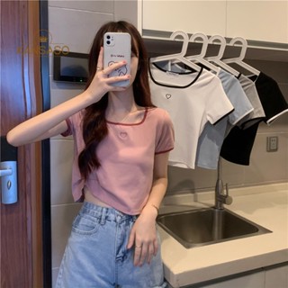 Kans เสื้อครอปท็อป แขนสั้น คอสี่เหลี่ยม ปักลายหัวใจ สีตัดกัน แฟชั่นฤดูร้อน สําหรับผู้หญิง