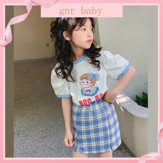 🍎GNR BABY🍊ชุดเสื้อยืดแขนสั้น กระโปรง ลายสก๊อต ทรงหลวม สไตล์เกาหลี สําหรับเด็กผู้หญิง อายุ 3-12 ปี