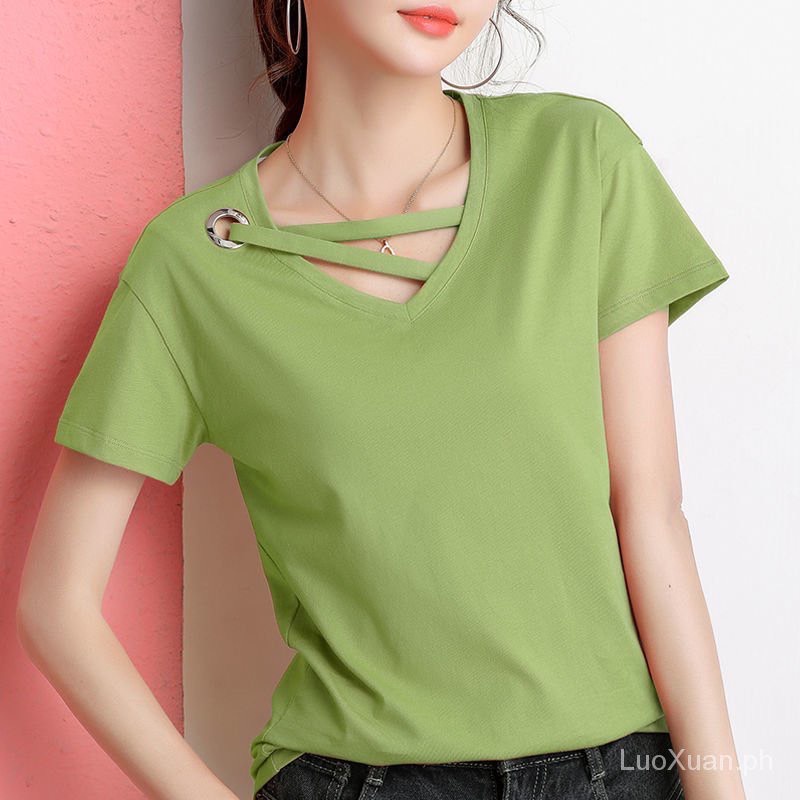 เสื้อยืดคอวี ผ้านุ่ม มีไขว้ที่คอแต่งเก๋ๆ สไตล์เกาหลี #E01