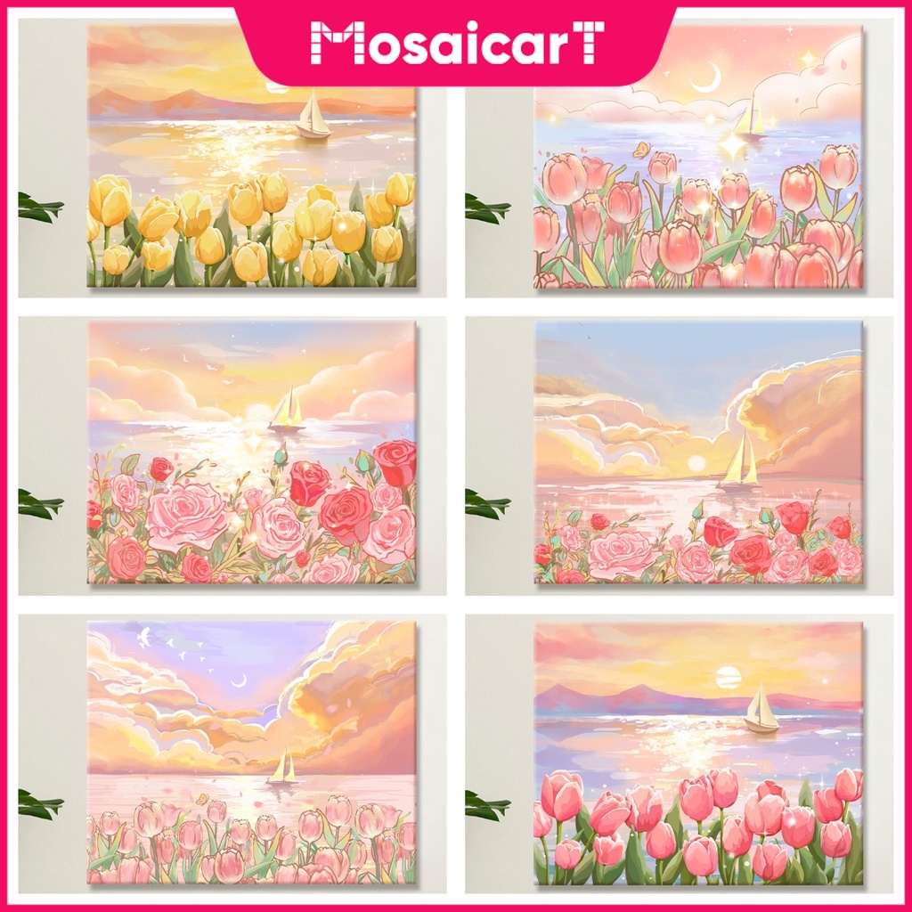 【MA】ภาพวาดปักเพชร ปักครอสสติตช์ รูปเรือใบ ดอกทิวลิป ดอกกุหลาบ ริมทะเล พระอาทิตย์ตก 5d ขนาด 30X40 ซม. สําหรับตกแต่งบ้าน ห้องนั่งเล่น ห้องนอน ห้องรับประทานอาหาร