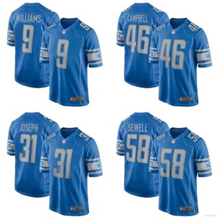 ใหม่ เสื้อยืดลําลอง แขนสั้น คอกลม พิมพ์ลาย NFL Detroit Lion Game Jersey Campbell Joseph Williams Sewell สีฟ้า สําหรับผู้ชาย เหมาะกับการเล่นกีฬา