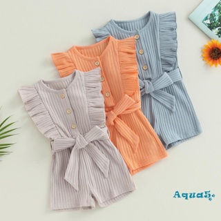 Aqq- ชุดรอมเปอร์ จั๊มสูท รอมเปอร์ แขนกุด ผ้าถัก แต่งระบาย สีพื้น พร้อมเข็มขัด แฟชั่นฤดูร้อน สําหรับเด็กผู้หญิง